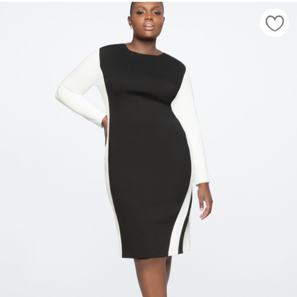 Eloquii Black & White Long Sleeve shift midi Dress with side slit back zip sz 20